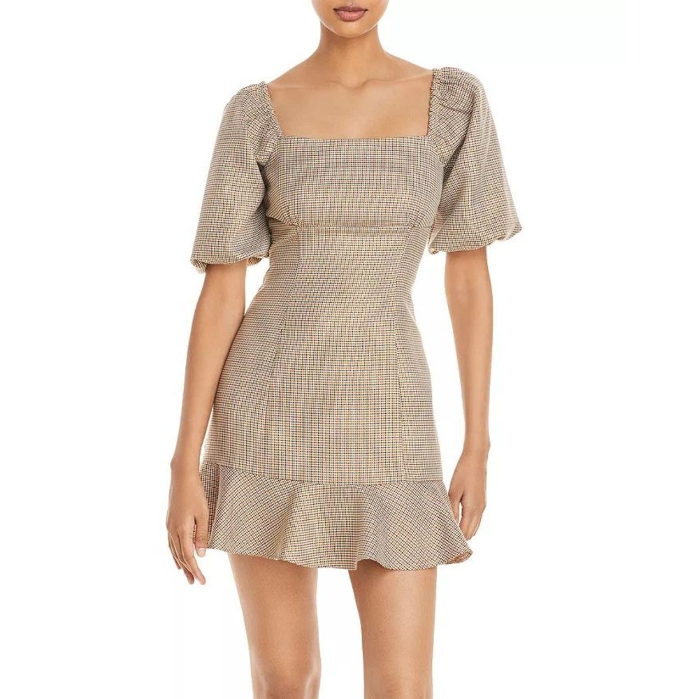AQUA Puff Sleeve Checked Womens Mini‎ Dress Medium Plaid Square Neck Ruffle Hem
